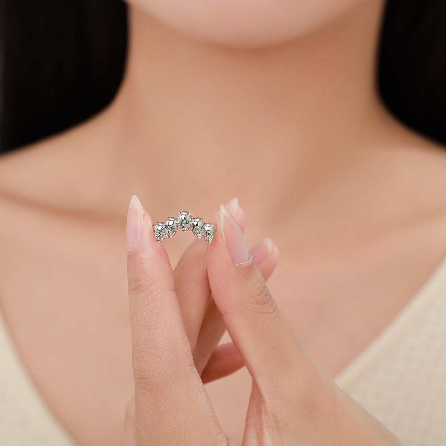 Sterling Silver Skull Motif Ring with Emerald Green CZ, Silver Skull V Shape Ring, Tiny Skull Chevron Adjustable Skeleton Ring
