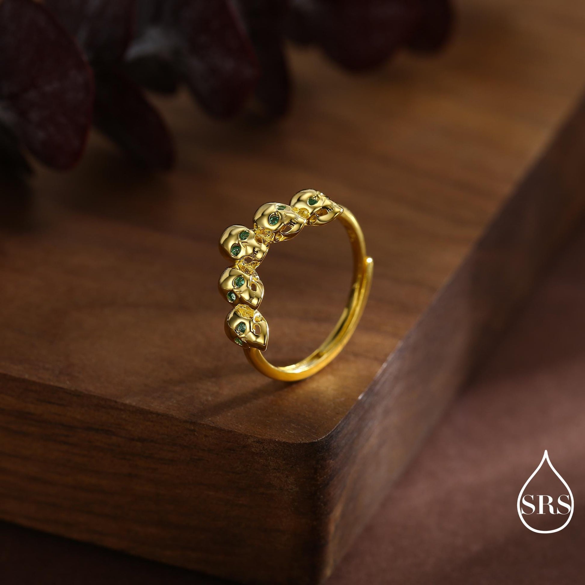 Sterling Silver Skull Motif Ring with Emerald Green CZ, Silver Skull V Shape Ring, Tiny Skull Chevron Adjustable Skeleton Ring