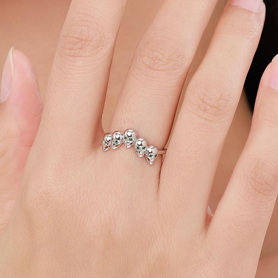 Sterling Silver Skull Motif Ring with Emerald Green CZ, Silver Skull V Shape Ring, Tiny Skull Chevron Adjustable Skeleton Ring