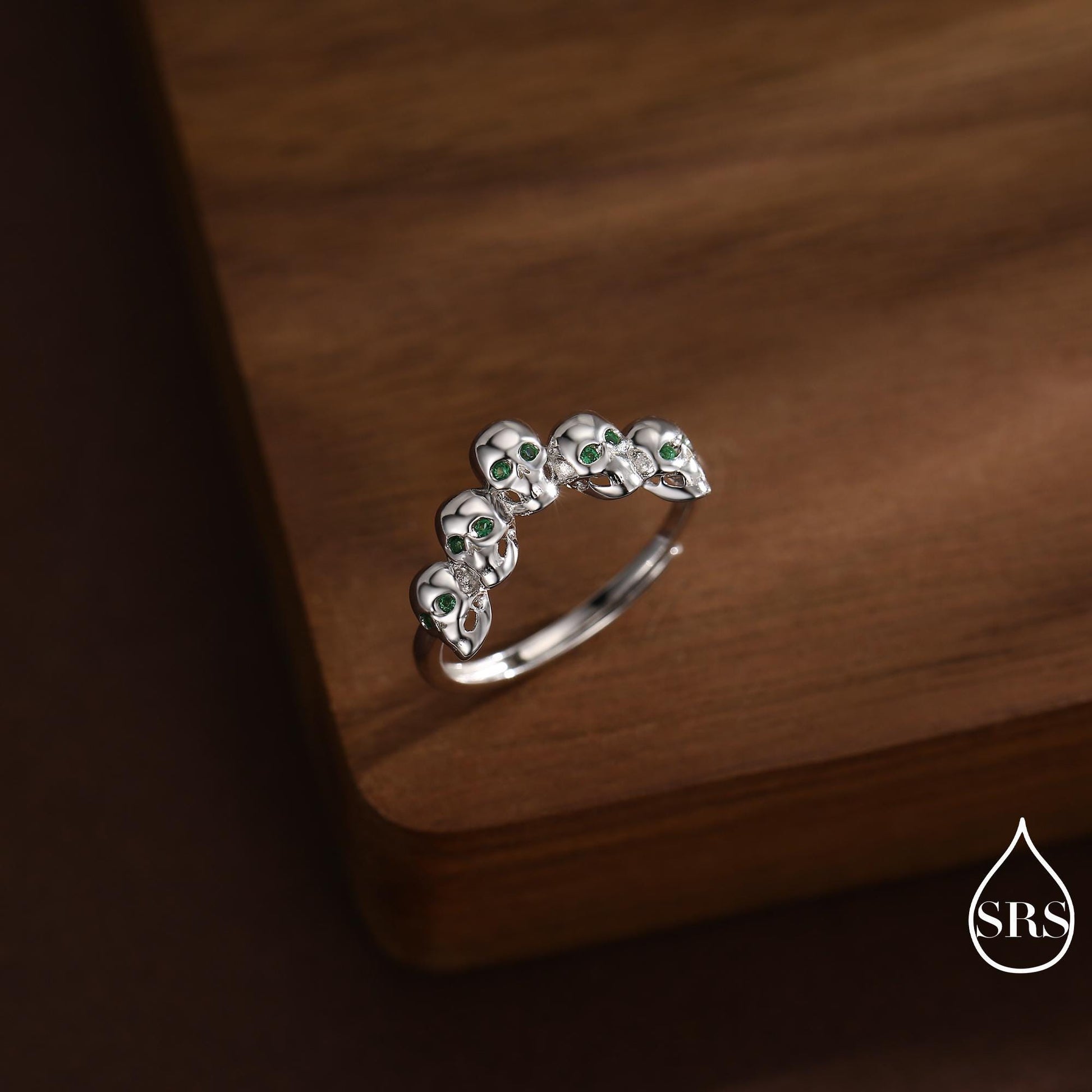 Sterling Silver Skull Motif Ring with Emerald Green CZ, Silver Skull V Shape Ring, Tiny Skull Chevron Adjustable Skeleton Ring