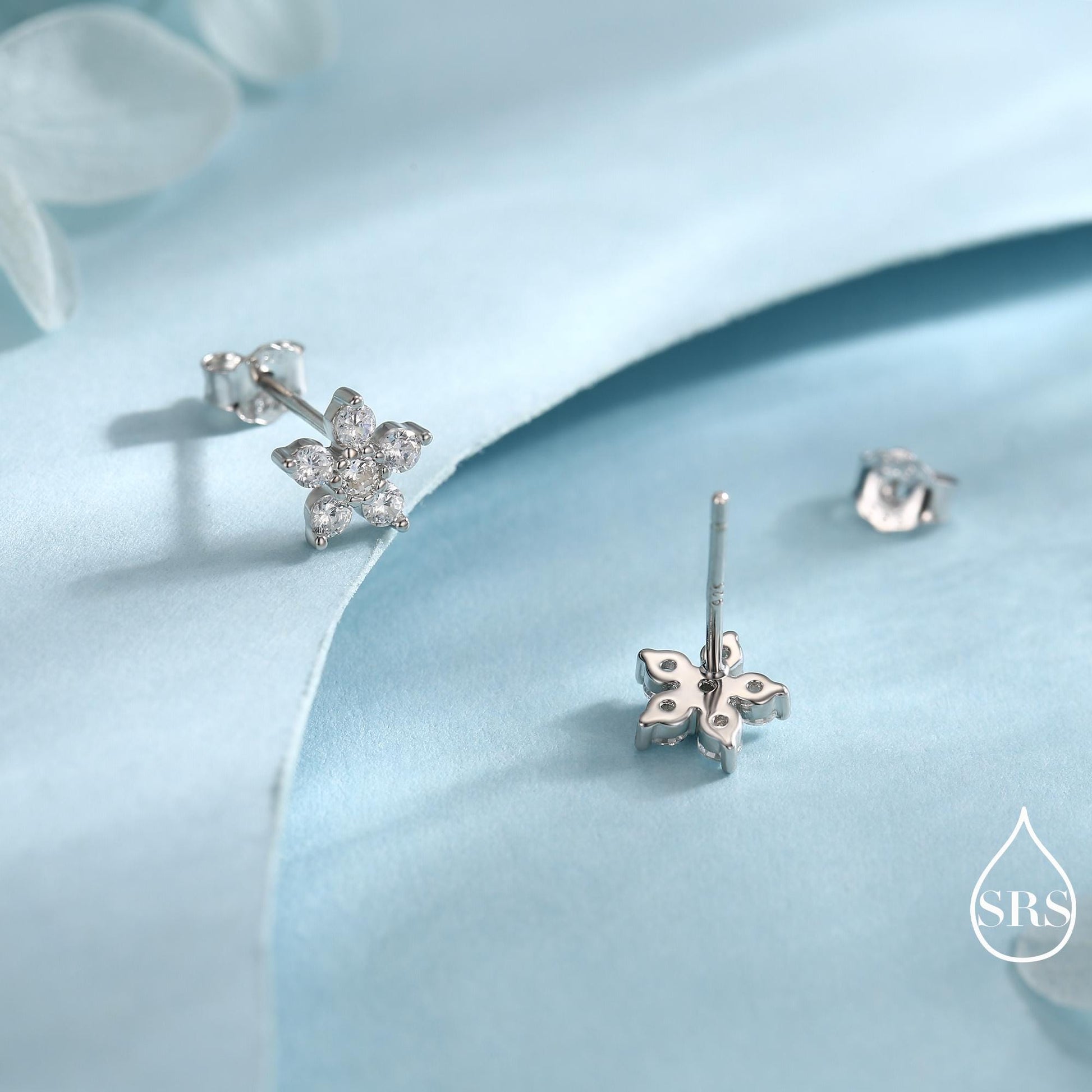Sparkly Forget-me-not Flower Tiny Stud Earrings in Sterling Silver with CZ Crystals, Extra Tiny, Nature Inspired Design, Delicate and Pretty