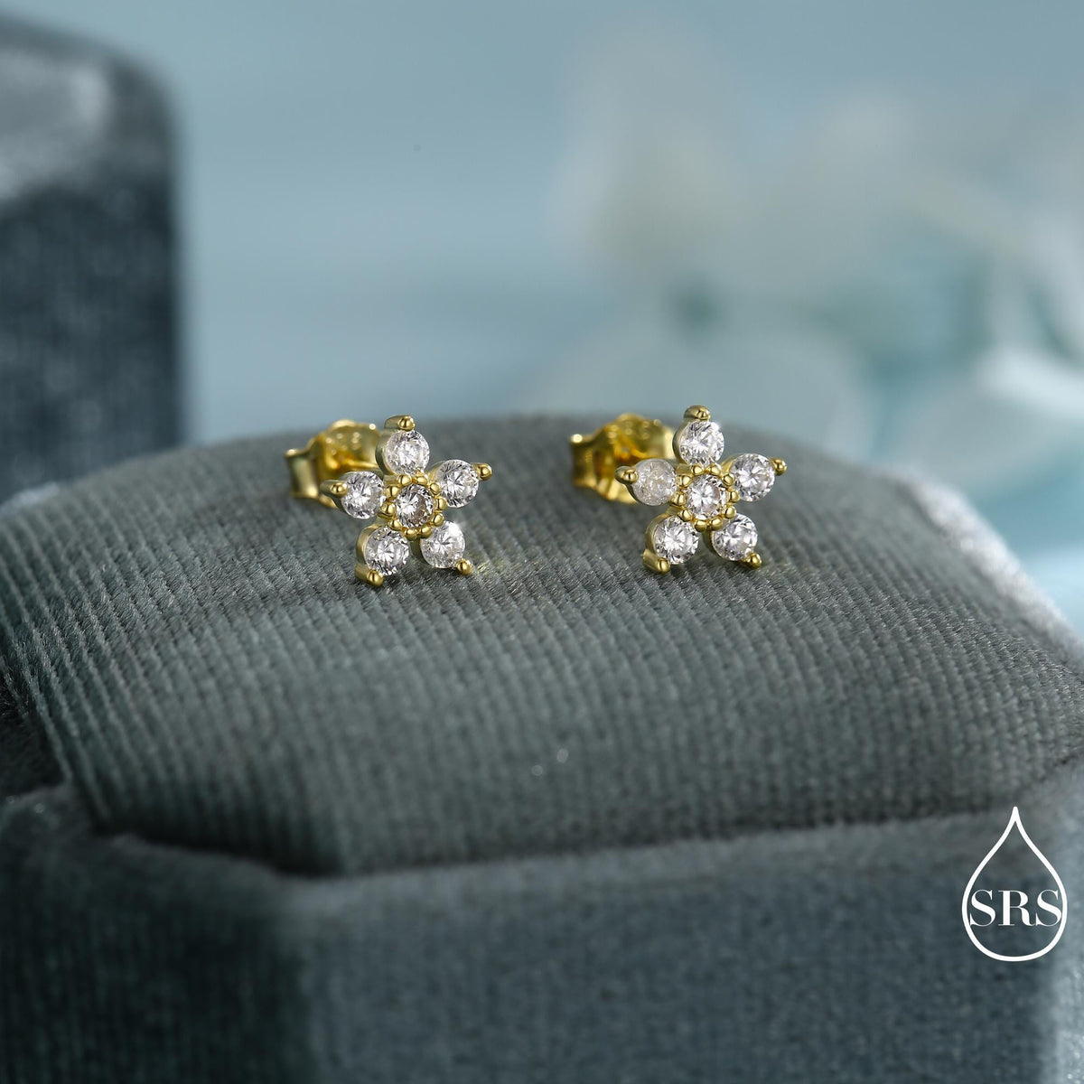 Sparkly Forget-me-not Flower Tiny Stud Earrings in Sterling Silver with CZ Crystals, Extra Tiny, Nature Inspired Design, Delicate and Pretty