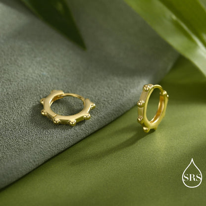 Dotted Huggie Hoop in Sterling Silver, 8mm Huggie Hoops, Geometric Beaded Hoop Earrings, Gold or Silver