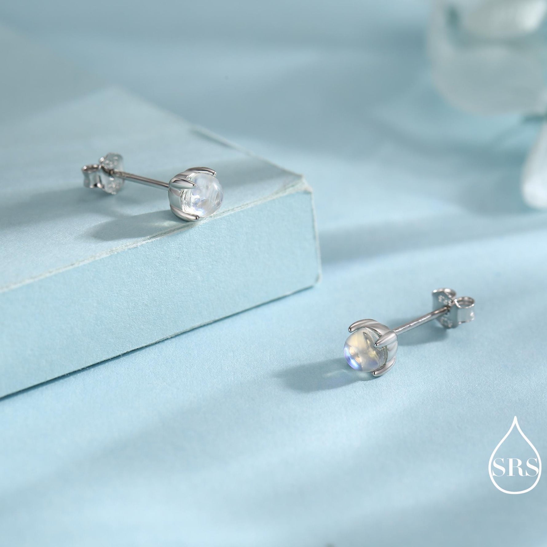 Sterling Silver Mermaid Crystal Tiny Stud Earrings - Extra Tiny , Mermaid Tears, Simulated Moonstone Glass Crystal Earrings