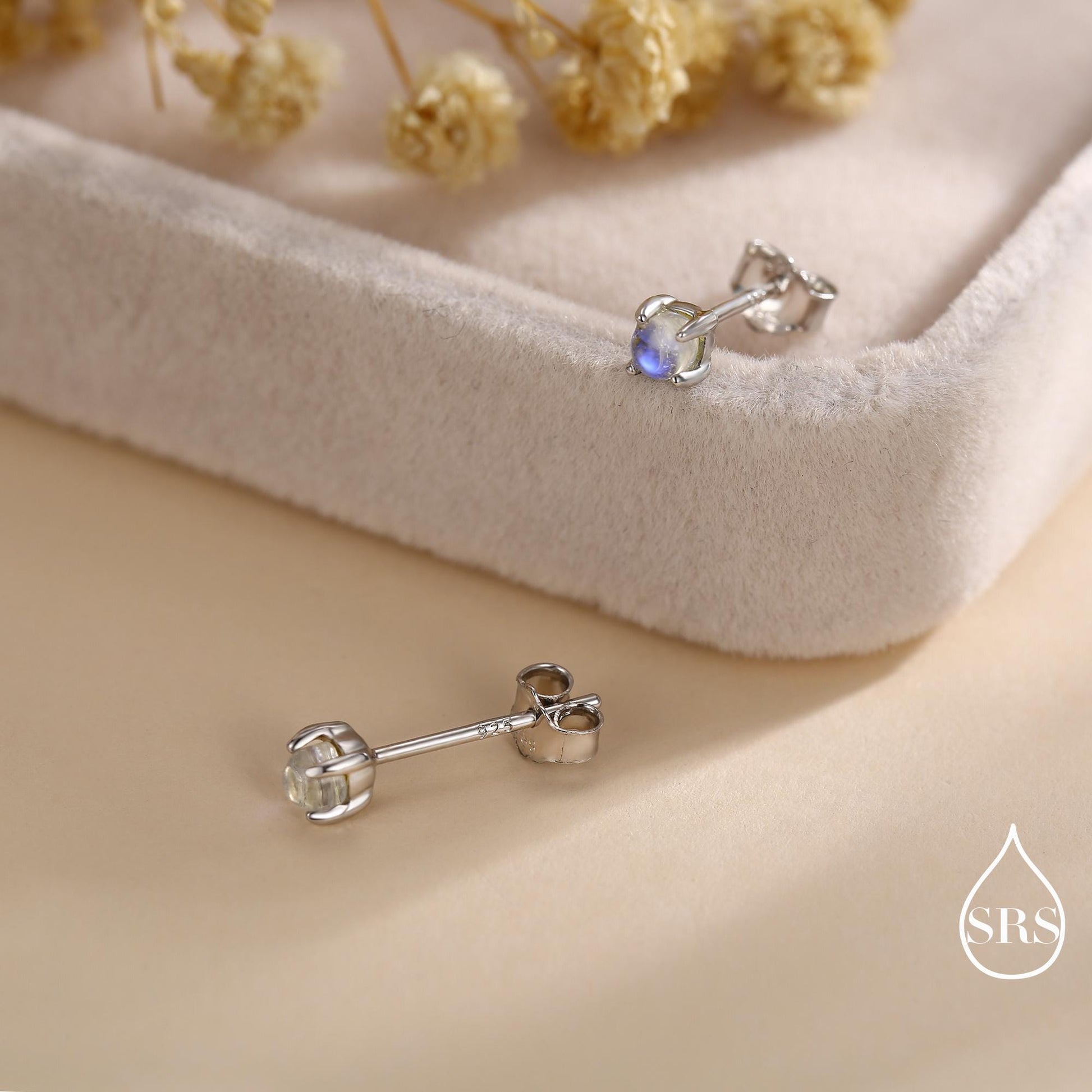 Sterling Silver Mermaid Crystal Tiny Stud Earrings - Extra Tiny , Mermaid Tears, Simulated Moonstone Glass Crystal Earrings