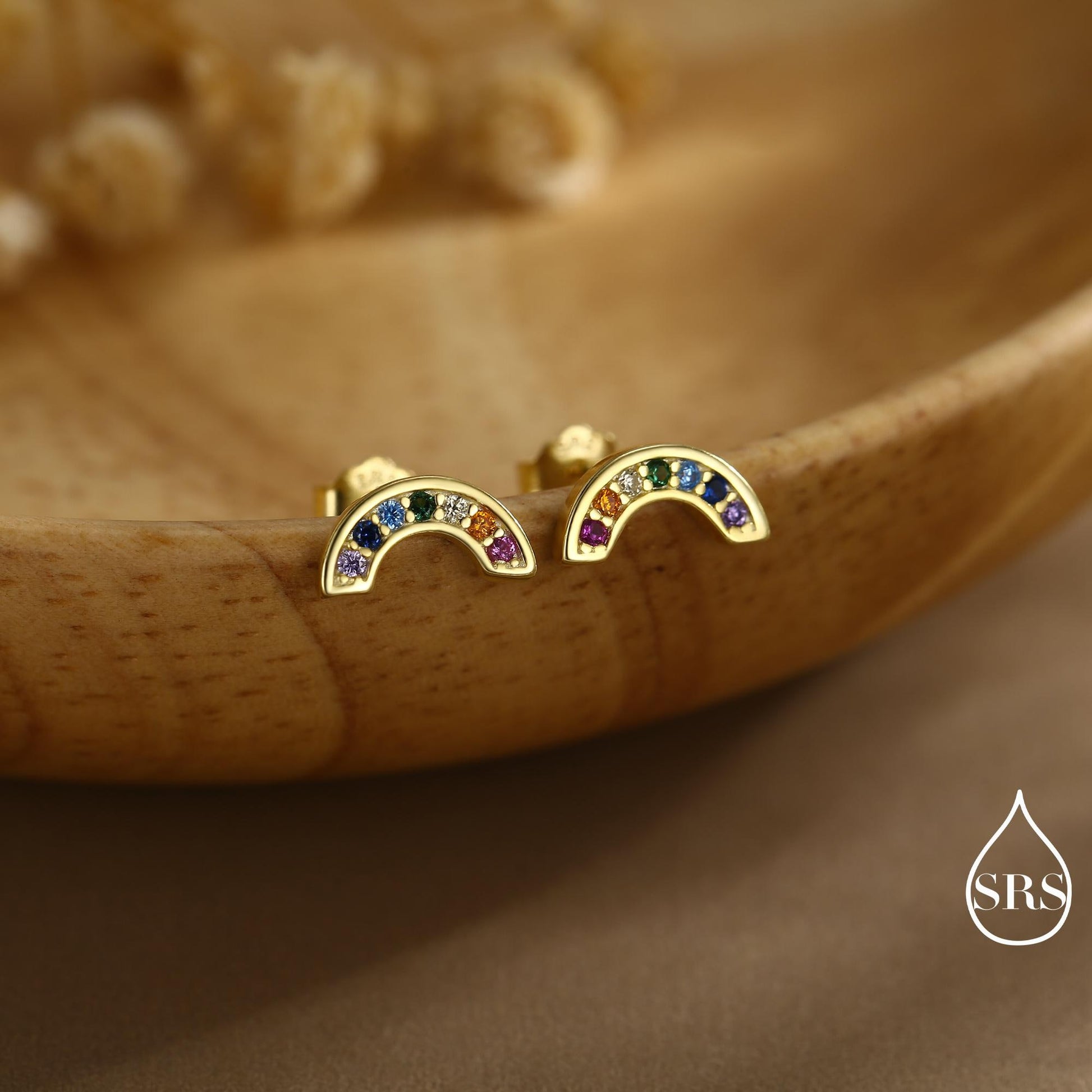 Sterling Silver CZ Crystal Rainbow Stud Earrings, Gold and Silver, Cute and Quirky Jewellery