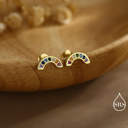 Sterling Silver CZ Crystal Rainbow Stud Earrings, Gold and Silver, Cute and Quirky Jewellery