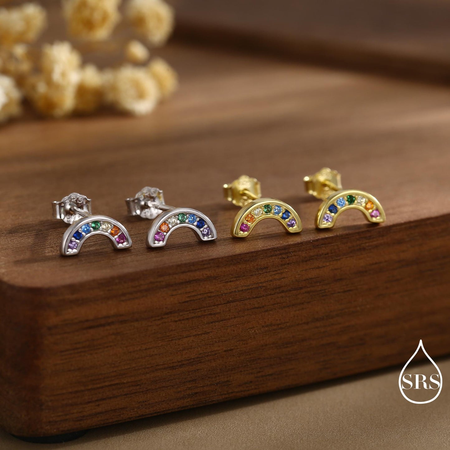 Sterling Silver CZ Crystal Rainbow Stud Earrings, Gold and Silver, Cute and Quirky Jewellery