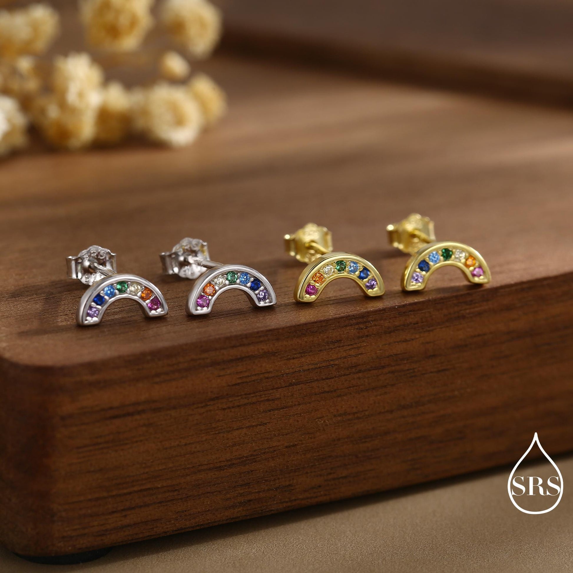 Sterling Silver CZ Crystal Rainbow Stud Earrings, Gold and Silver, Cute and Quirky Jewellery