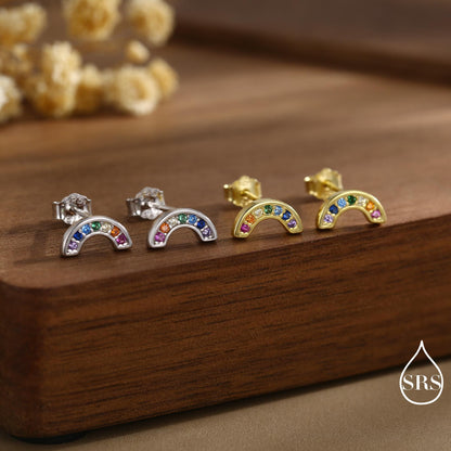 Sterling Silver CZ Crystal Rainbow Stud Earrings, Gold and Silver, Cute and Quirky Jewellery