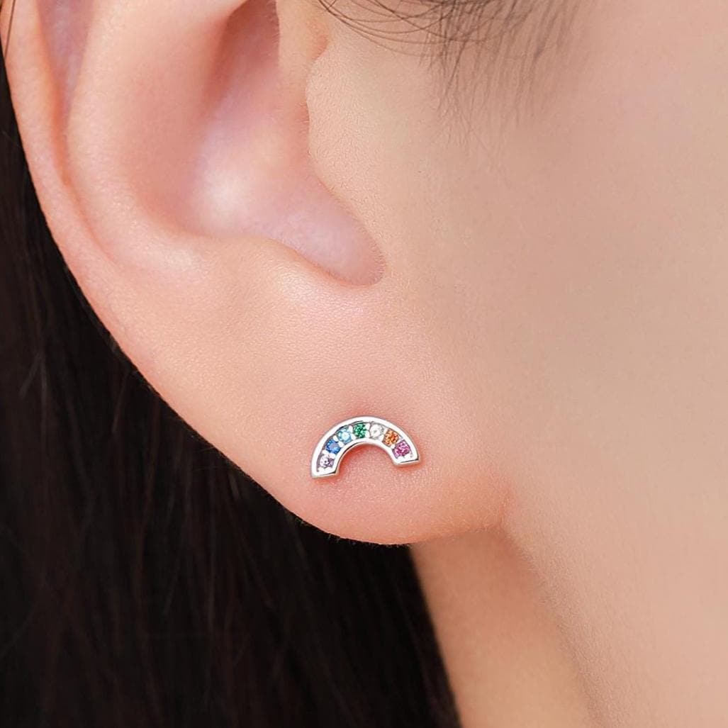 Sterling Silver CZ Crystal Rainbow Stud Earrings, Gold and Silver, Cute and Quirky Jewellery