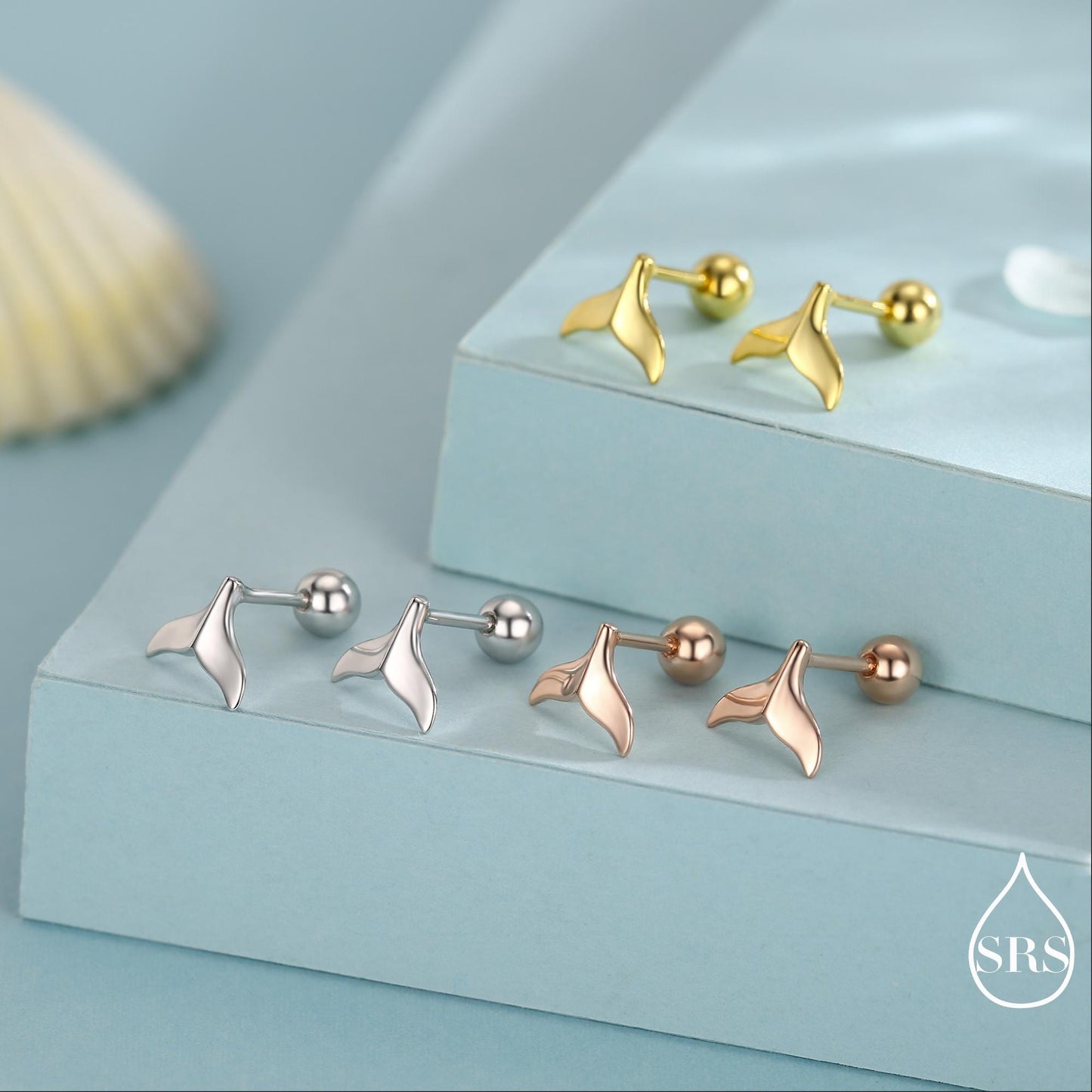 Whale Tail Screw Back / Stud Earrings in Sterling Silver, Silver or Gold or Rose Gold, Fish Tail Earrings, Fish Earrings