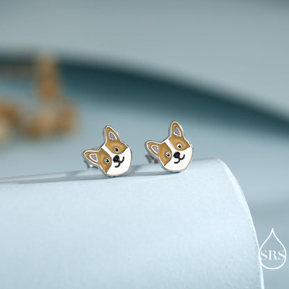 Sterling Silver Corgi Earrings | Cute Dog Studs | Silver or Gold Finish |Enamel Puppy Earrings in Sterling Silver