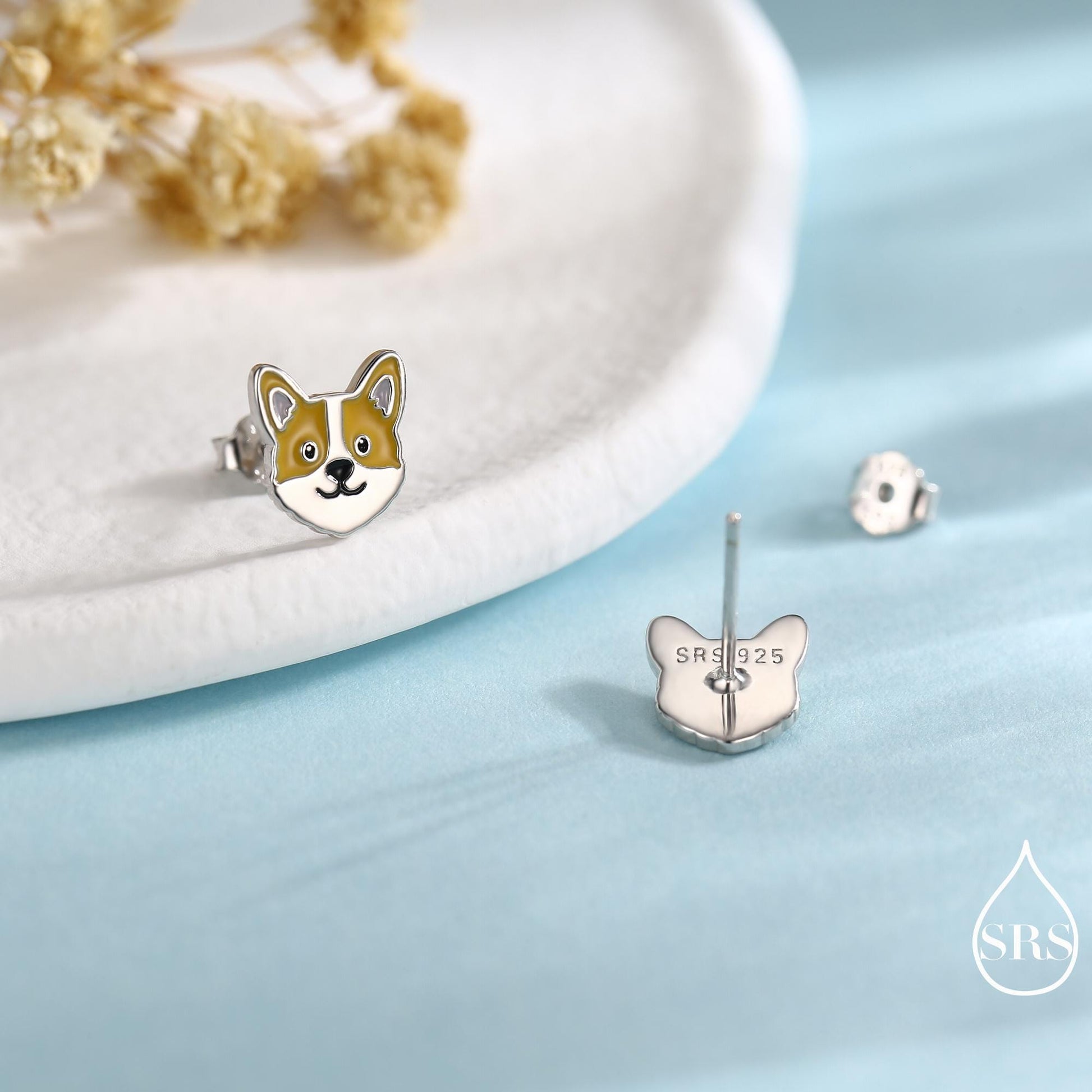 Sterling Silver Corgi Earrings | Cute Dog Studs | Silver or Gold Finish |Enamel Puppy Earrings in Sterling Silver