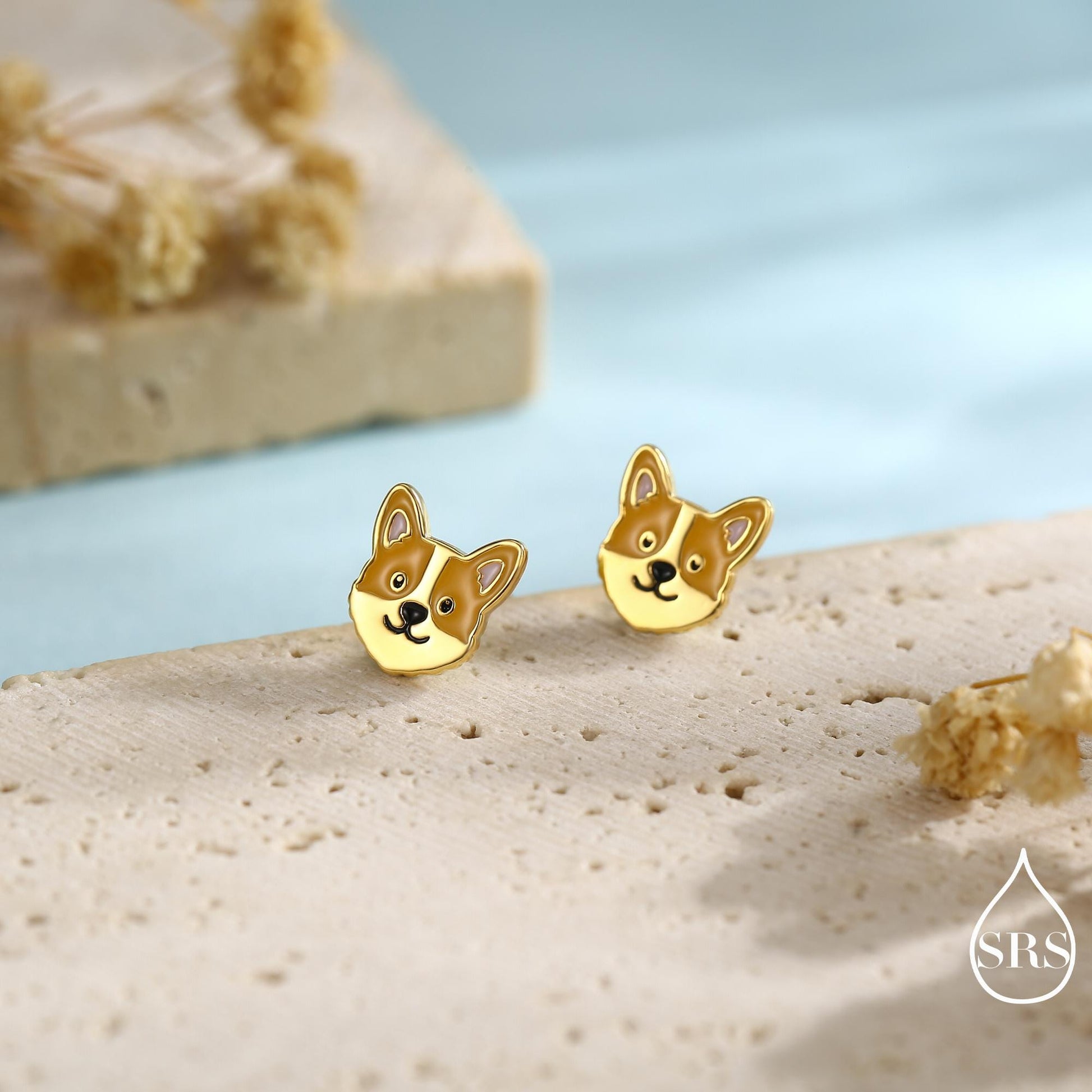 Sterling Silver Corgi Earrings | Cute Dog Studs | Silver or Gold Finish |Enamel Puppy Earrings in Sterling Silver
