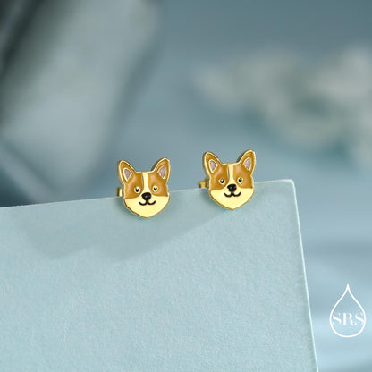 Sterling Silver Corgi Earrings | Cute Dog Studs | Silver or Gold Finish |Enamel Puppy Earrings in Sterling Silver
