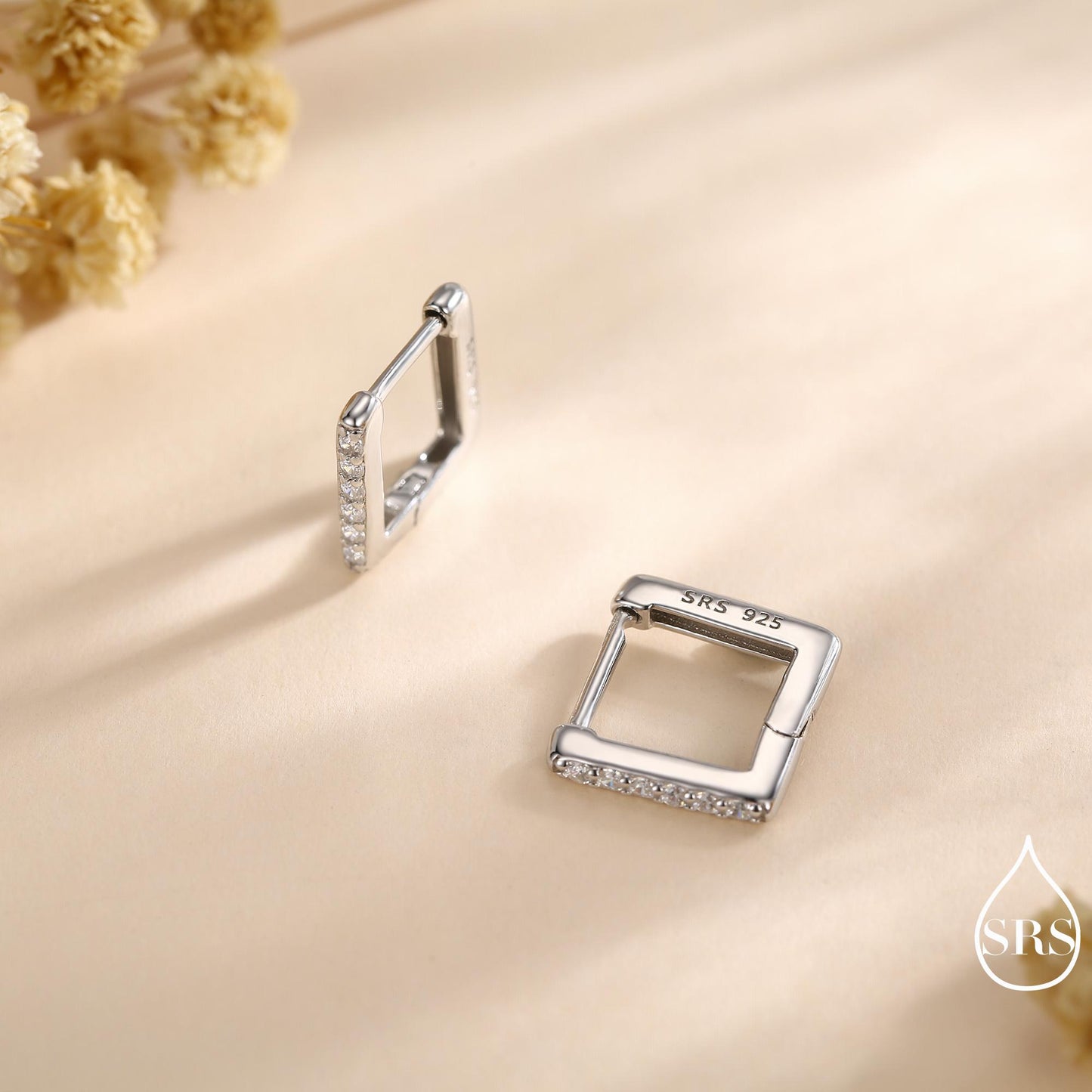 CZ Pave Square Huggie Hoop in Sterling Silver, Skinny Geometric Hoop Earrings, Gold or Silver, 8mm Minimalist Hoops