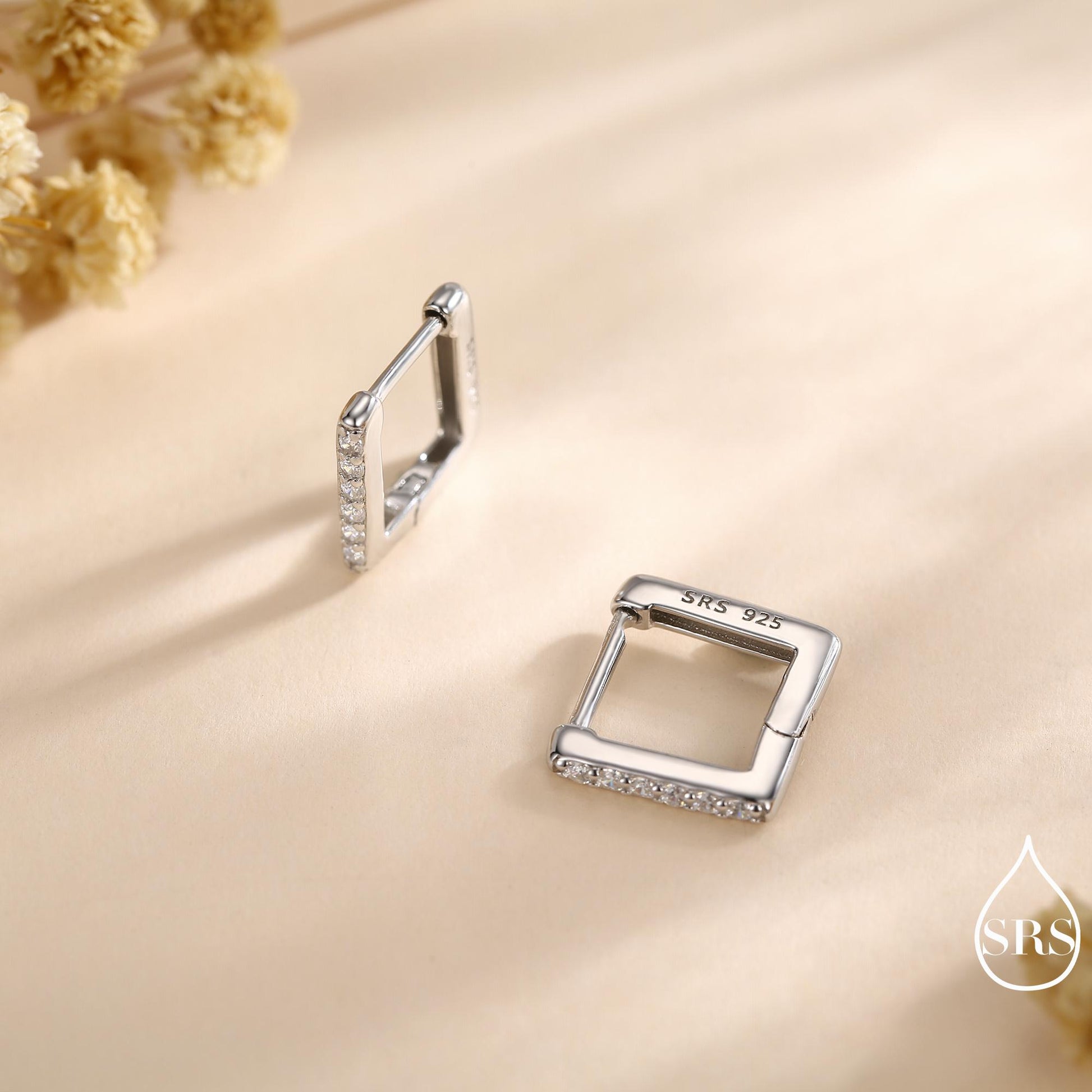 CZ Pave Square Huggie Hoop in Sterling Silver, Skinny Geometric Hoop Earrings, Gold or Silver, 8mm Minimalist Hoops