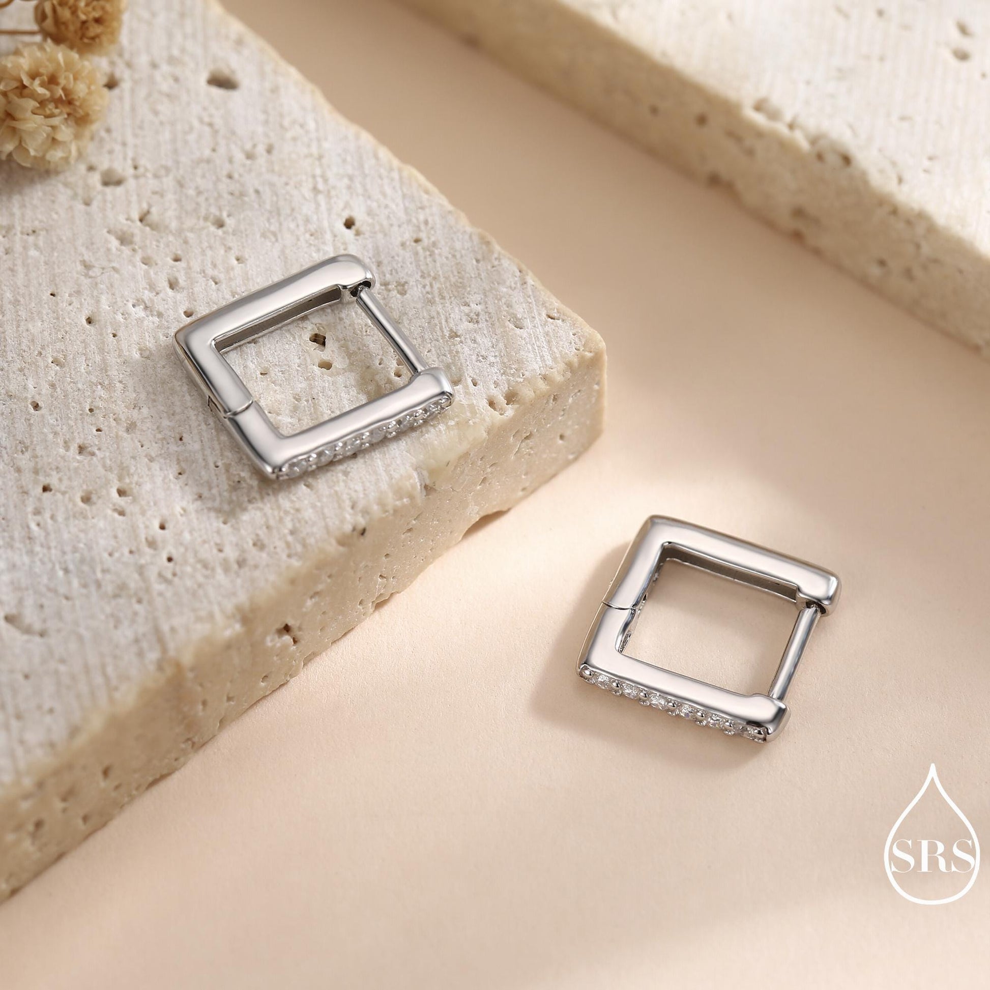 CZ Pave Square Huggie Hoop in Sterling Silver, Skinny Geometric Hoop Earrings, Gold or Silver, 8mm Minimalist Hoops