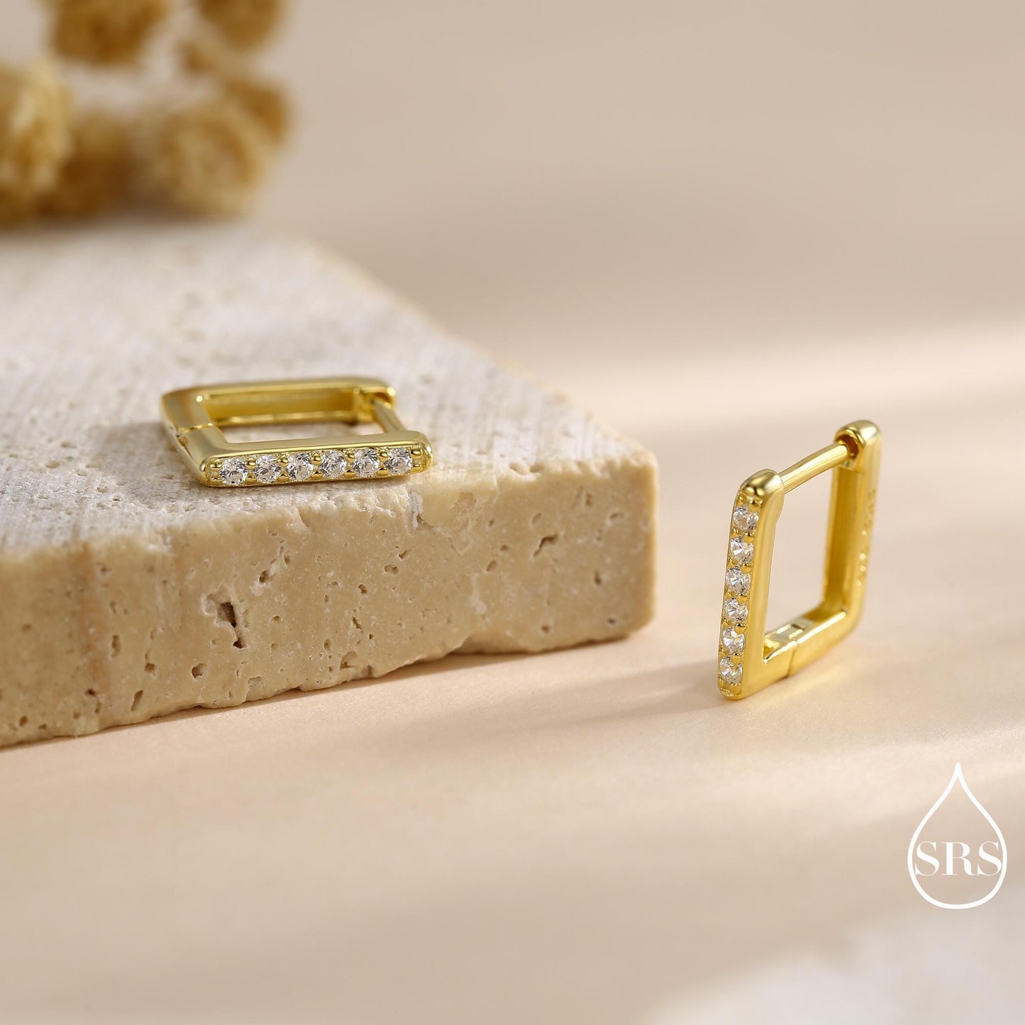 CZ Pave Square Huggie Hoop in Sterling Silver, Skinny Geometric Hoop Earrings, Gold or Silver, 8mm Minimalist Hoops
