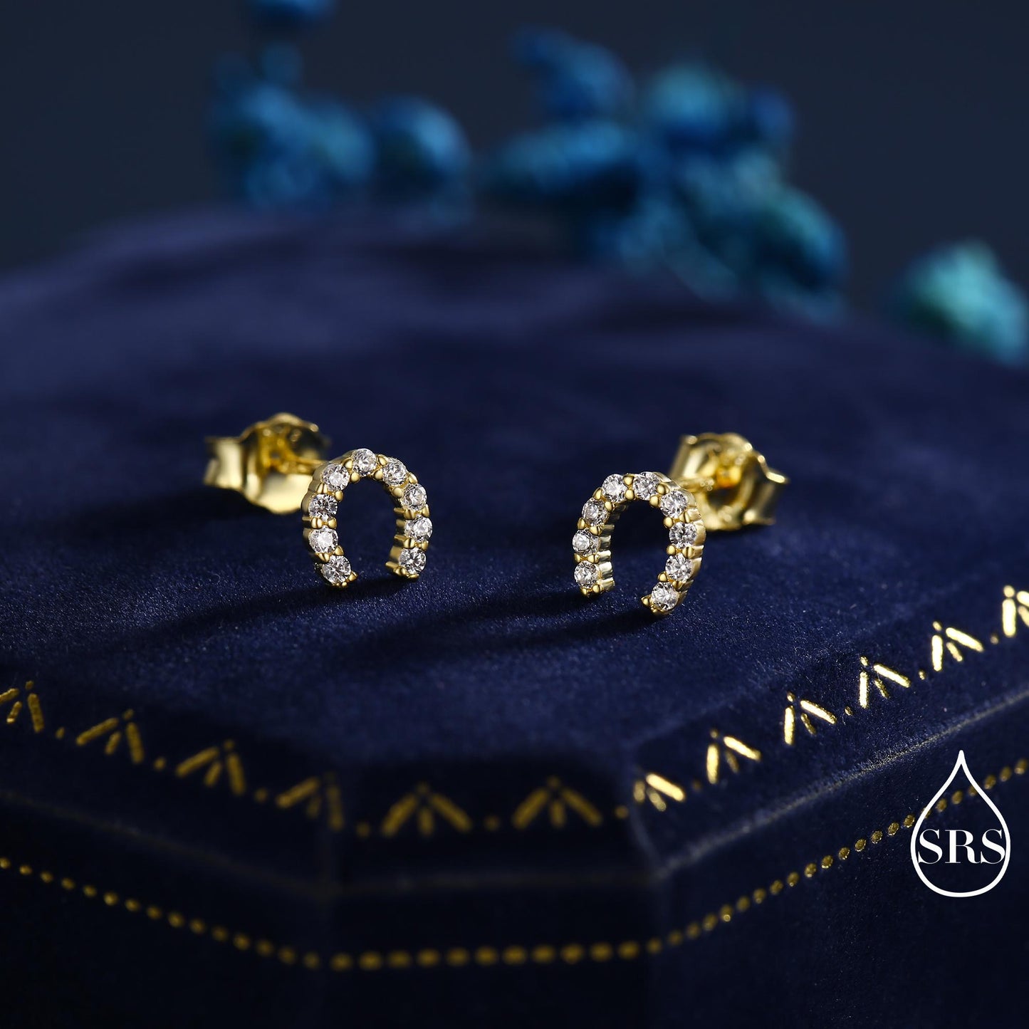 Sterling Silver Horseshoe Stud Earrings with Sparkling CZ Crystals, Fun and Quirky, Jewellery for Good Luck