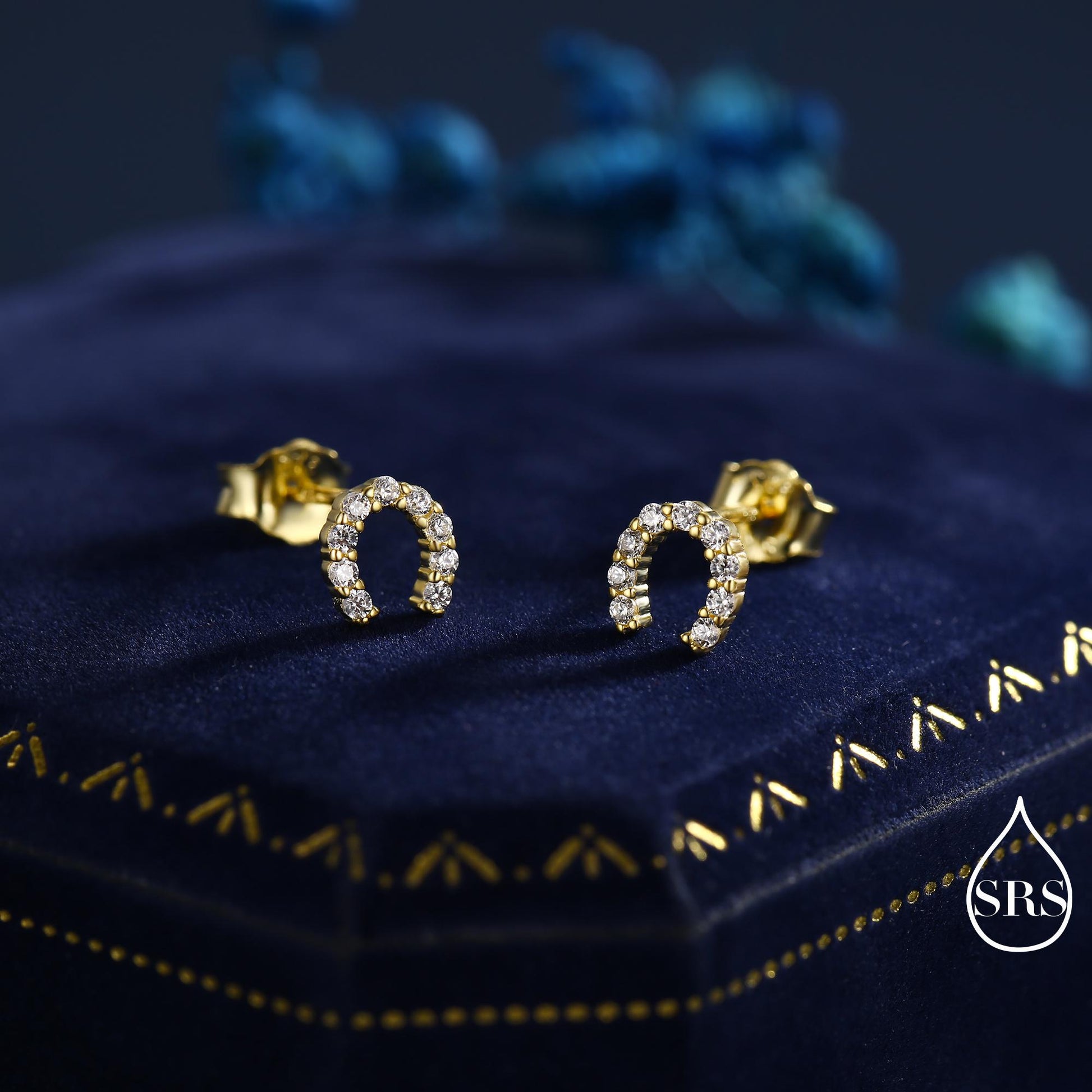Sterling Silver Horseshoe Stud Earrings with Sparkling CZ Crystals, Fun and Quirky, Jewellery for Good Luck