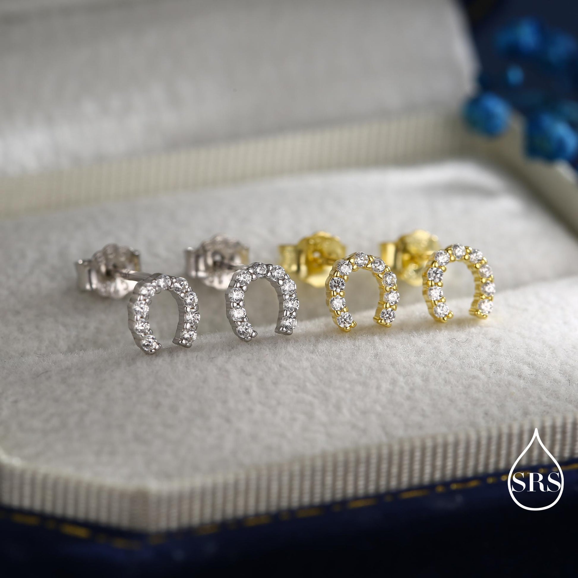 Sterling Silver Horseshoe Stud Earrings with Sparkling CZ Crystals, Fun and Quirky, Jewellery for Good Luck