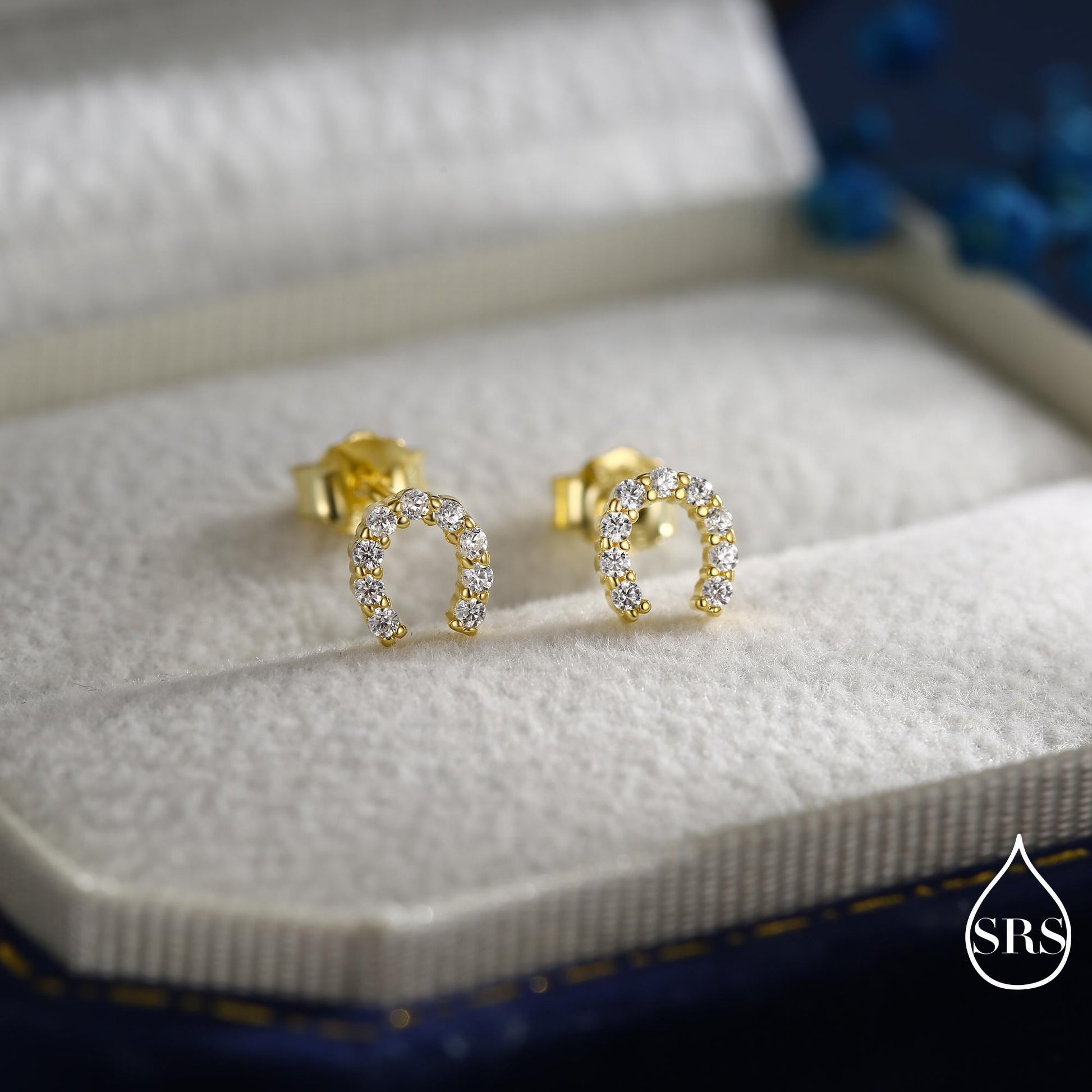Sterling Silver Horseshoe Stud Earrings with Sparkling CZ Crystals, Fun and Quirky, Jewellery for Good Luck