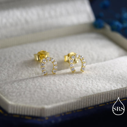 Sterling Silver Horseshoe Stud Earrings with Sparkling CZ Crystals, Fun and Quirky, Jewellery for Good Luck