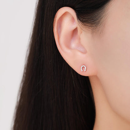 Sterling Silver Horseshoe Stud Earrings with Sparkling CZ Crystals, Fun and Quirky, Jewellery for Good Luck