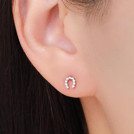 Sterling Silver Horseshoe Stud Earrings with Sparkling CZ Crystals, Fun and Quirky, Jewellery for Good Luck