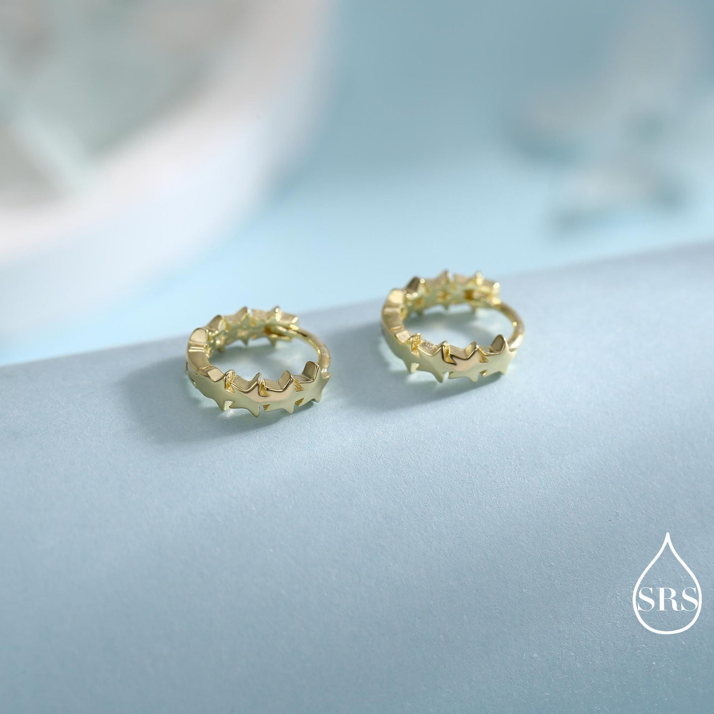 Star Motif Huggie Hoop Earrings in Sterling Silver, Star Hoop Snug Earrings, 8mm Hoop, Silver or Gold, Geometric Design