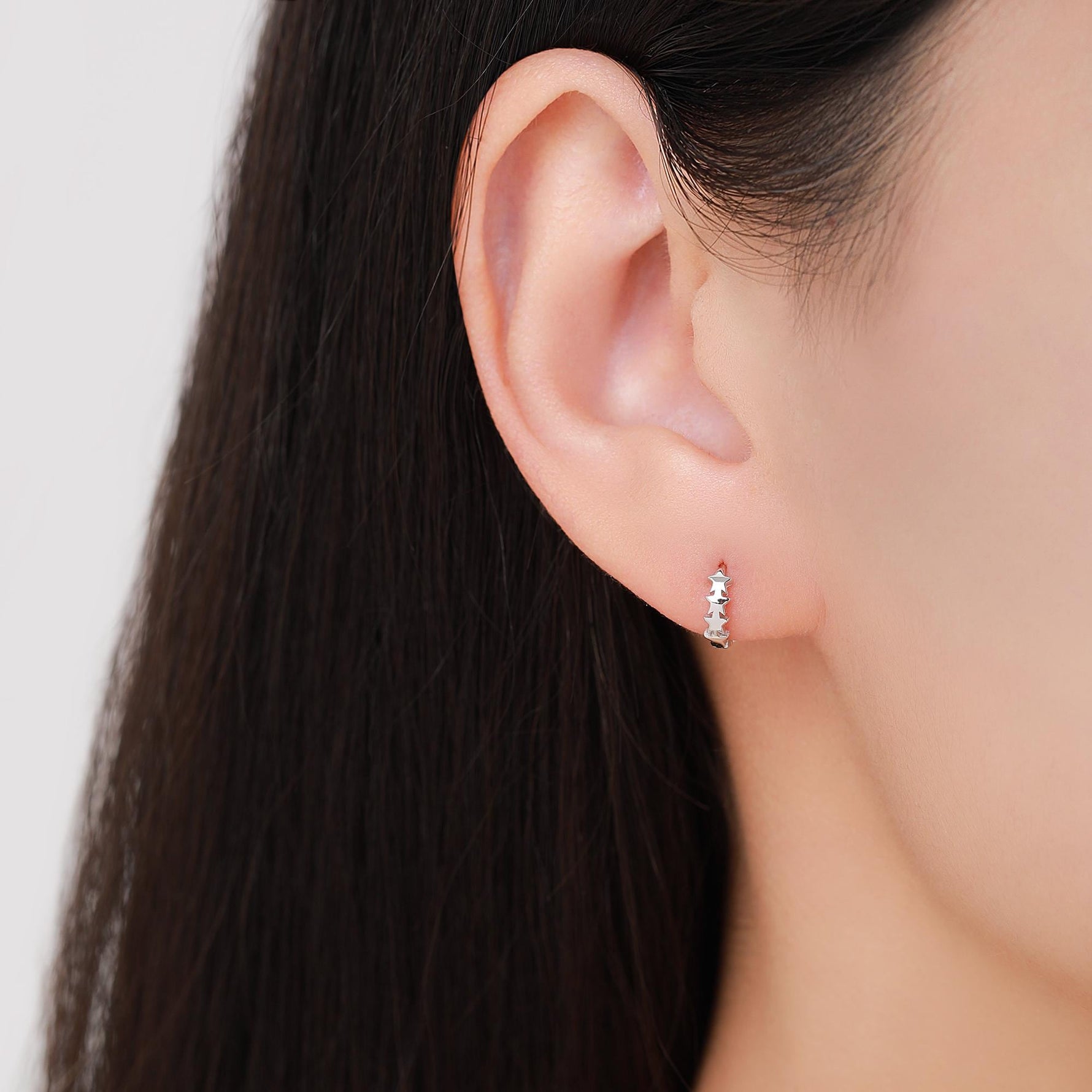 Star Motif Huggie Hoop Earrings in Sterling Silver, Star Hoop Snug Earrings, 8mm Hoop, Silver or Gold, Geometric Design