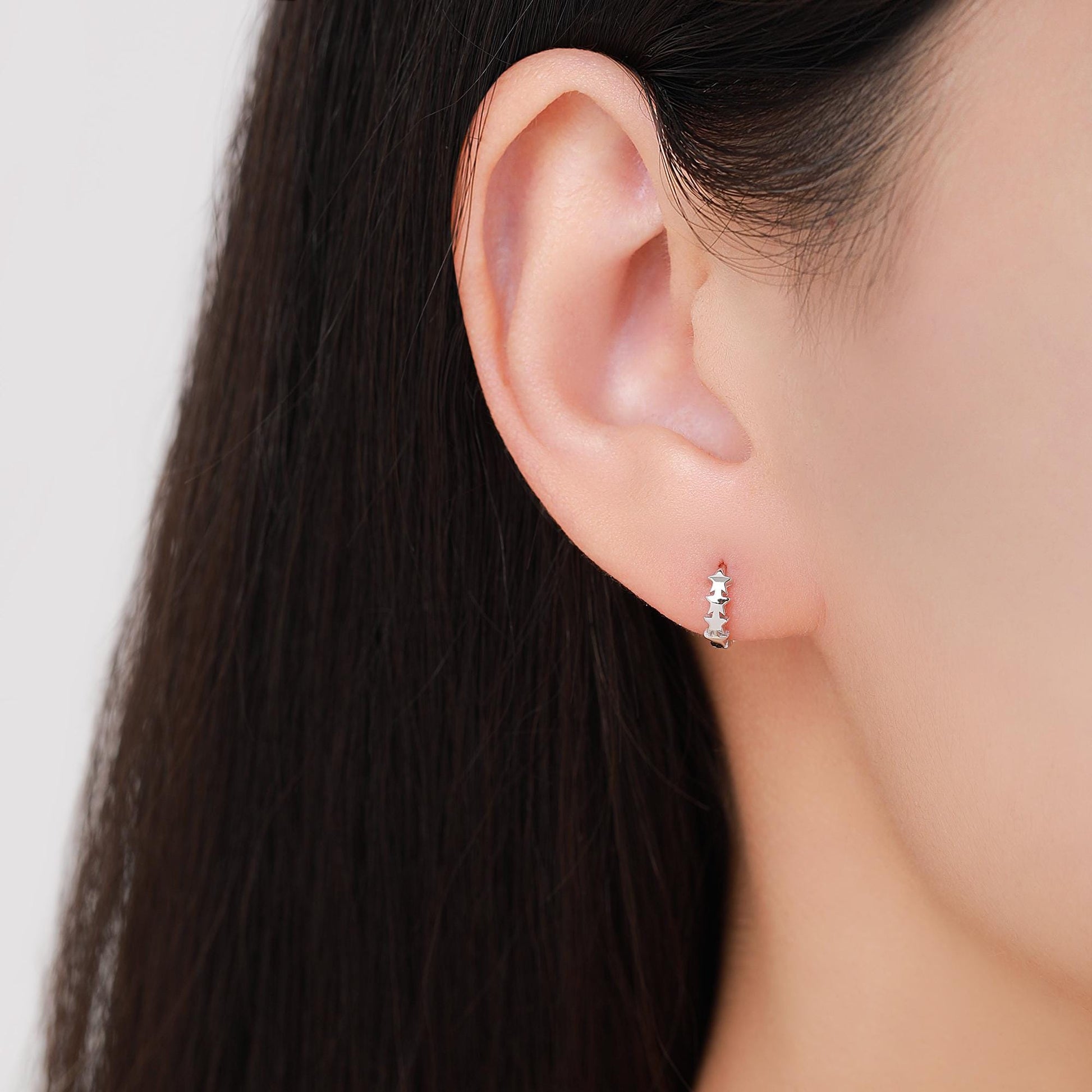 Star Motif Huggie Hoop Earrings in Sterling Silver, Star Hoop Snug Earrings, 8mm Hoop, Silver or Gold, Geometric Design