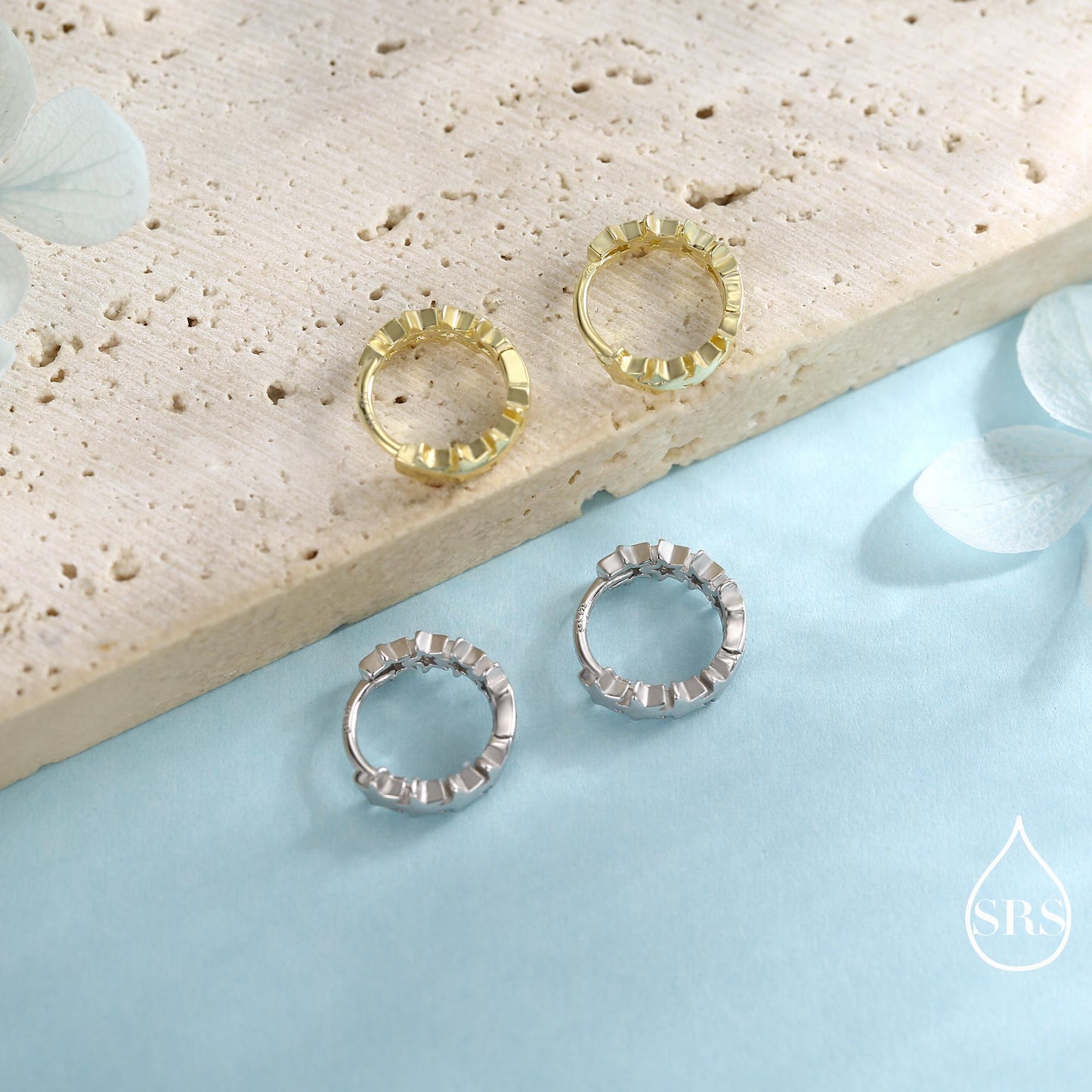 Star Motif Huggie Hoop Earrings in Sterling Silver, Star Hoop Snug Earrings, 8mm Hoop, Silver or Gold, Geometric Design