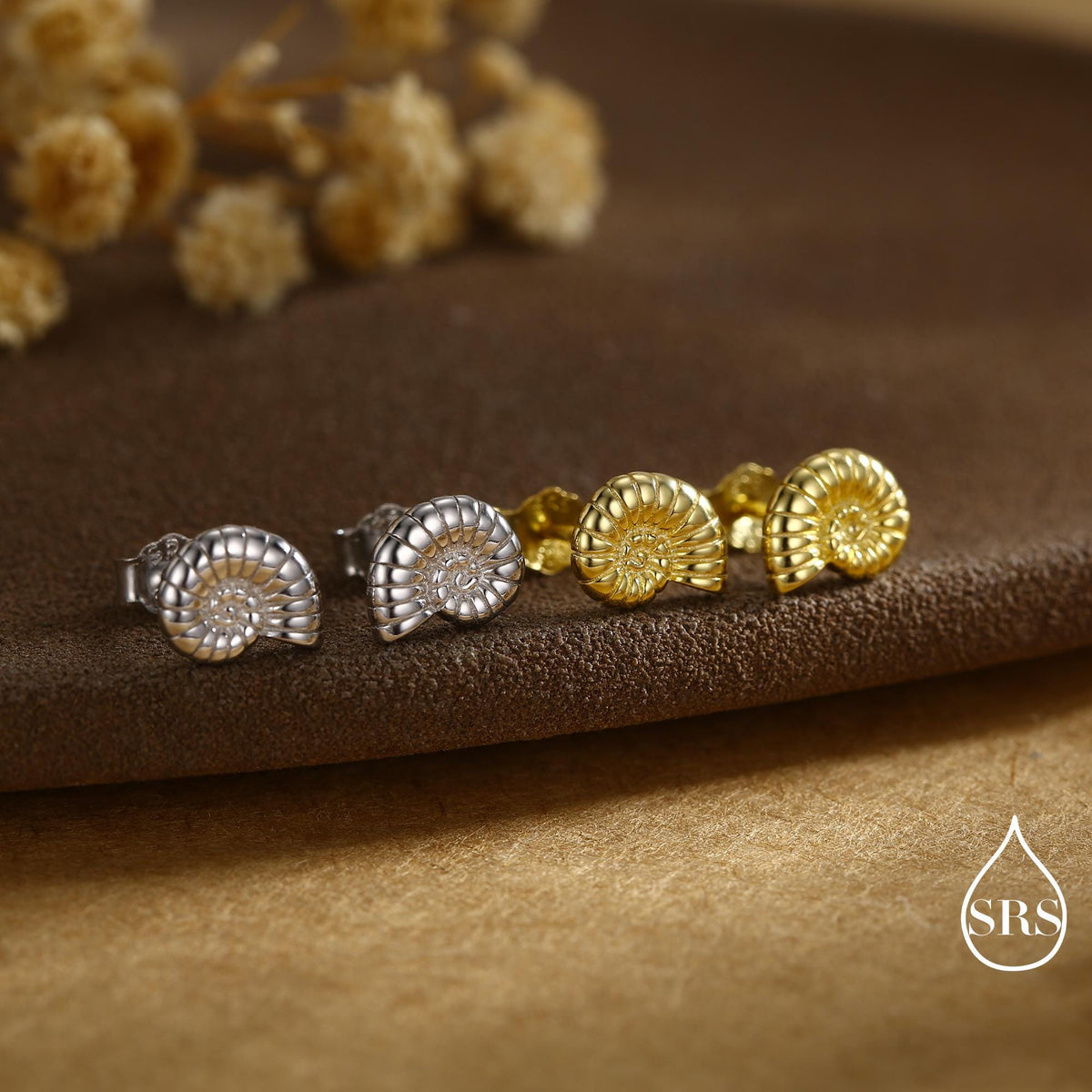 Sterling Silver Ammonite Shell Stud Earrings - Cute Fun, Whimsical - Sea Ocean Theme - Nature Inspired