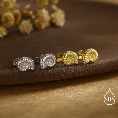 Sterling Silver Ammonite Shell Stud Earrings - Cute Fun, Whimsical - Sea Ocean Theme - Nature Inspired