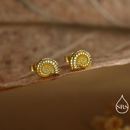 Sterling Silver Ammonite Shell Stud Earrings - Cute Fun, Whimsical - Sea Ocean Theme - Nature Inspired