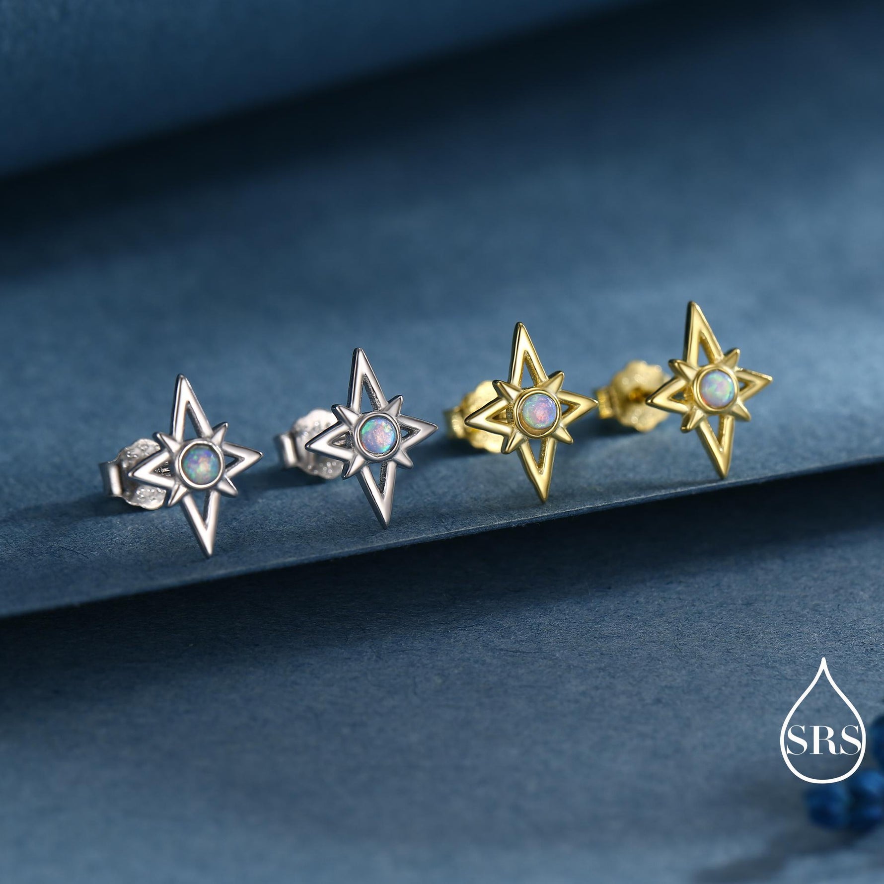 North Star Opal Stud Earrings in Sterling Silver - Gold or Silver - Opal Starburst Earrings - Petite Stud Earrings