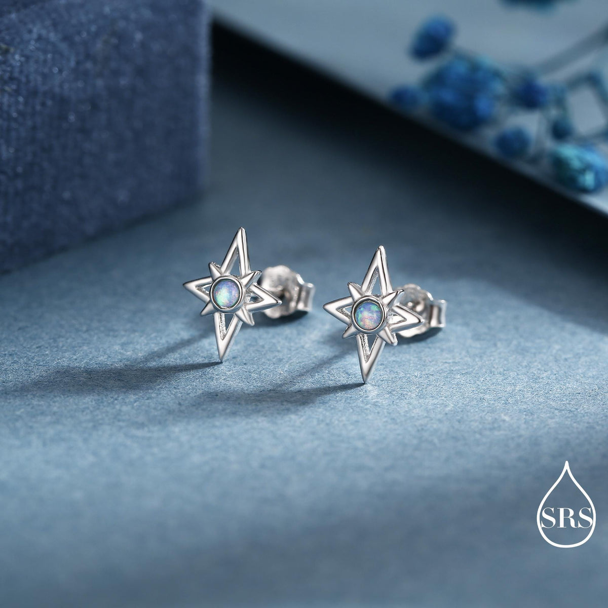 North Star Opal Stud Earrings in Sterling Silver - Gold or Silver - Opal Starburst Earrings - Petite Stud Earrings