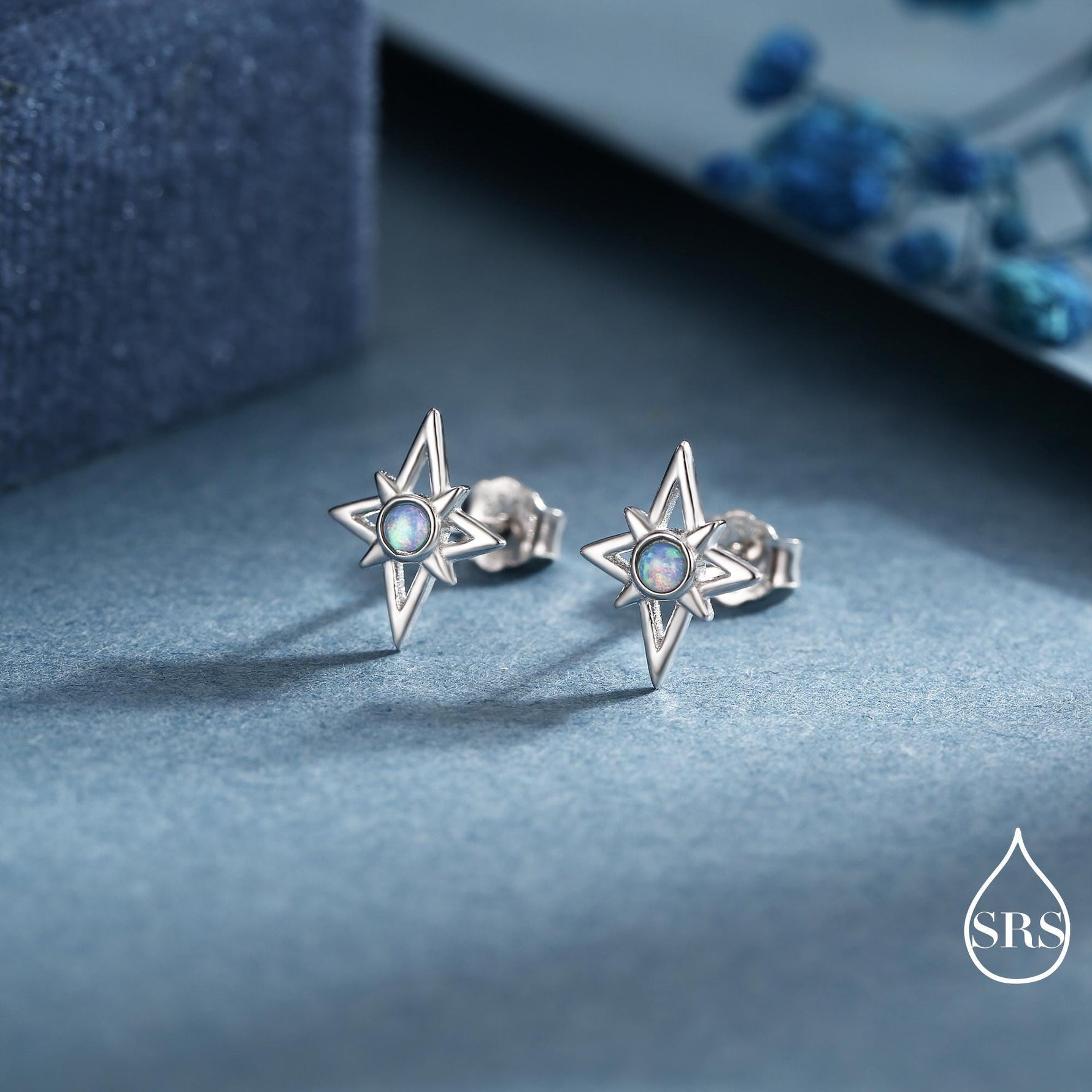 North Star Opal Stud Earrings in Sterling Silver - Gold or Silver - Opal Starburst Earrings - Petite Stud Earrings