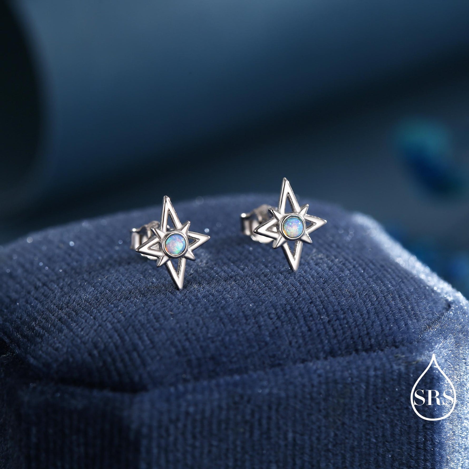 North Star Opal Stud Earrings in Sterling Silver - Gold or Silver - Opal Starburst Earrings - Petite Stud Earrings