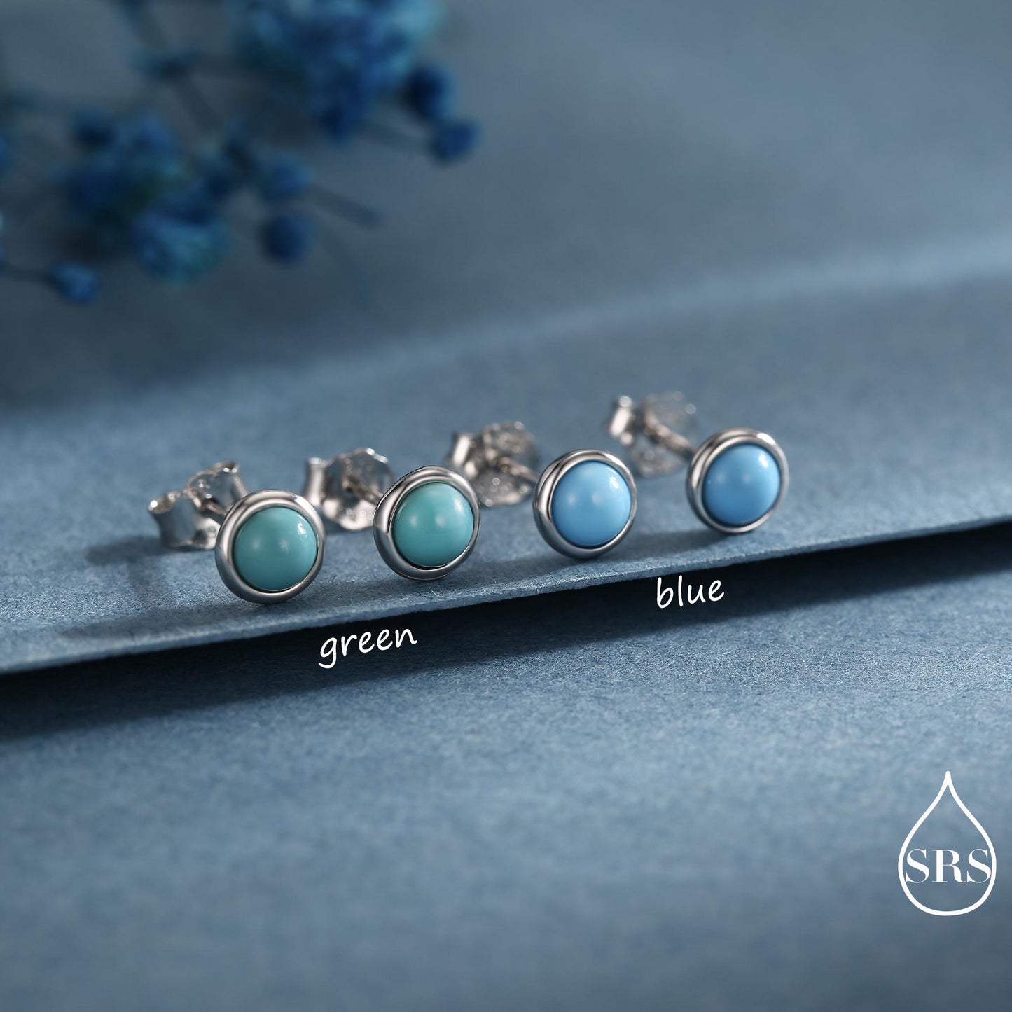 Sterling Silver Turquoise Stud Earrings, 3 or 4mm, Blue or Green Turquoise Gemstone, Bezel, Minimalist December Birthstone