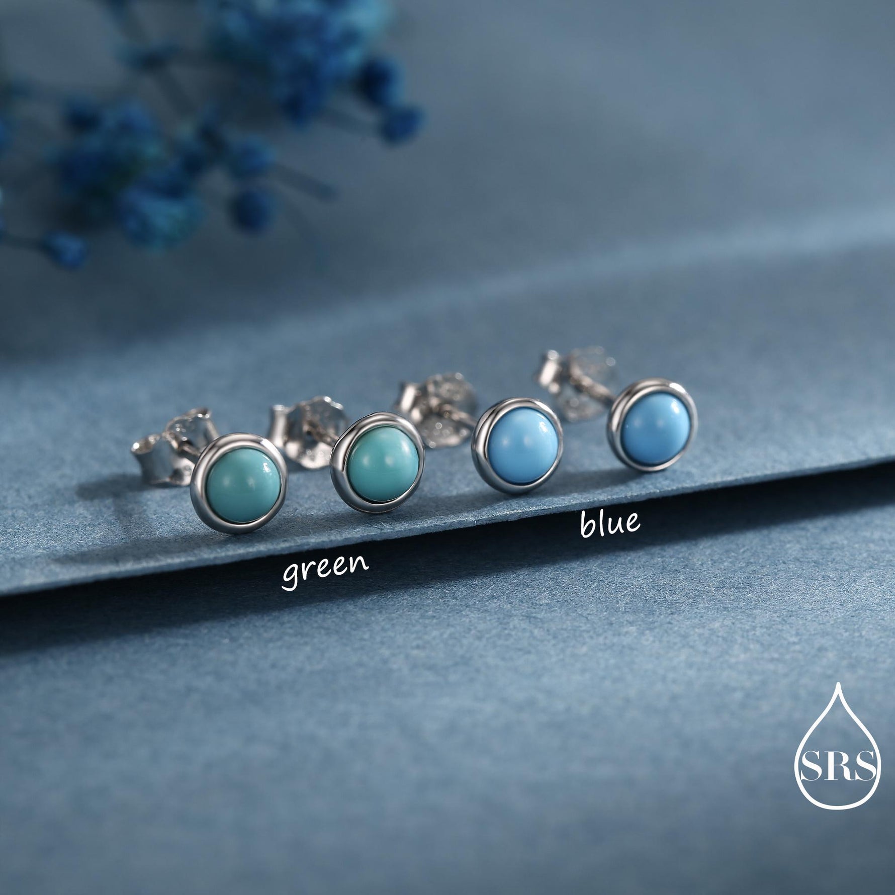 Sterling Silver Turquoise Stud Earrings, 3 or 4mm, Blue or Green Turquoise Gemstone, Bezel, Minimalist December Birthstone