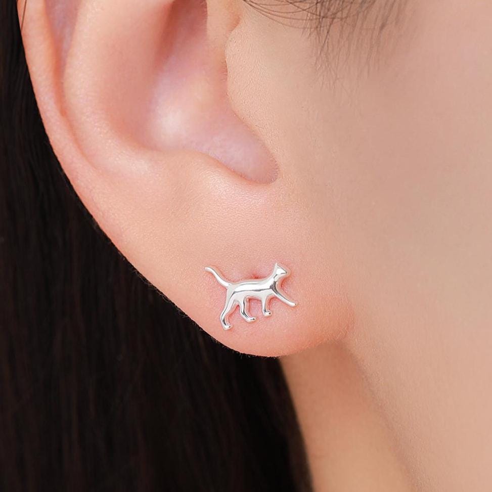 Cat Stud Earrings in Sterling Silver, Frosted Finish, Cute Dainty Minimal Jewellery, Cat Earrings