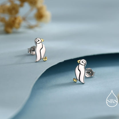 Puffin Bird Stud Earrings in Sterling Silver - Gold and Silver Two Tone - Cute, Fun, Whimsical and Pretty Jewellery