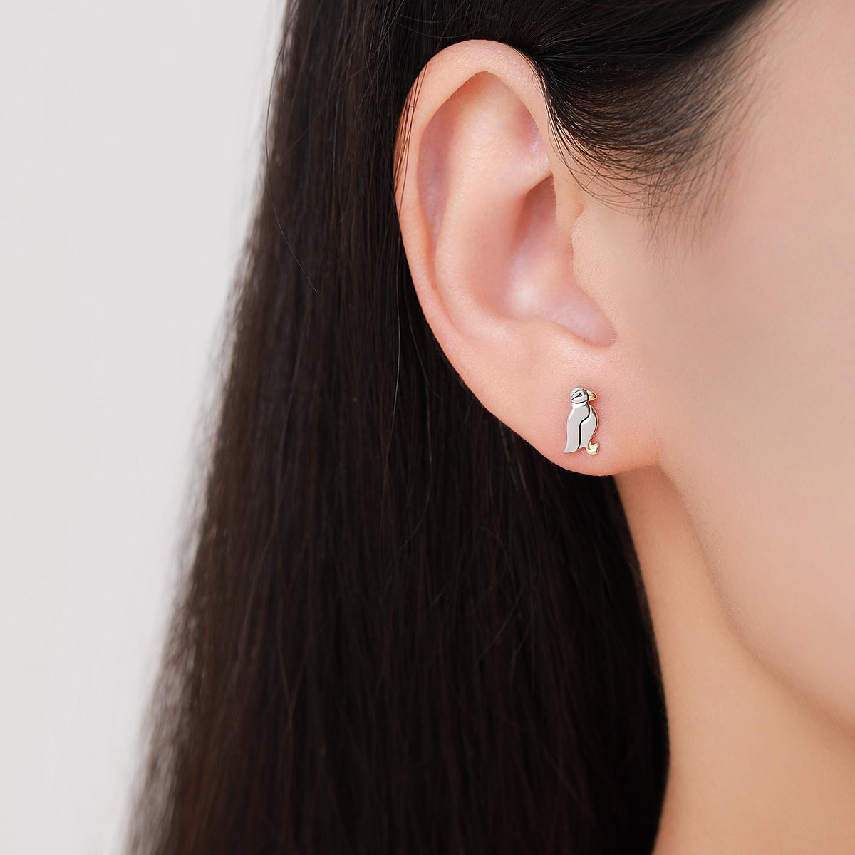 Puffin Bird Stud Earrings in Sterling Silver - Gold and Silver Two Tone - Cute, Fun, Whimsical and Pretty Jewellery