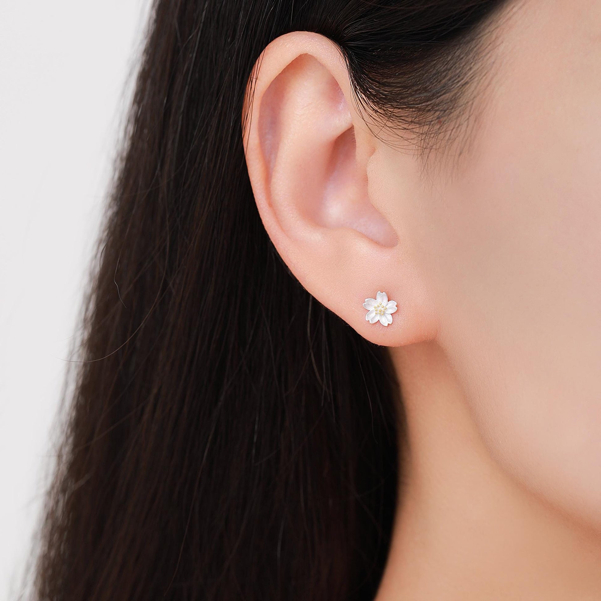 Sterling Silver Dainty Little Cherry Blossom Flower Floral Stud Earrings, Textured Finish, Cute and Sweet Design, 18ct Gold Plate