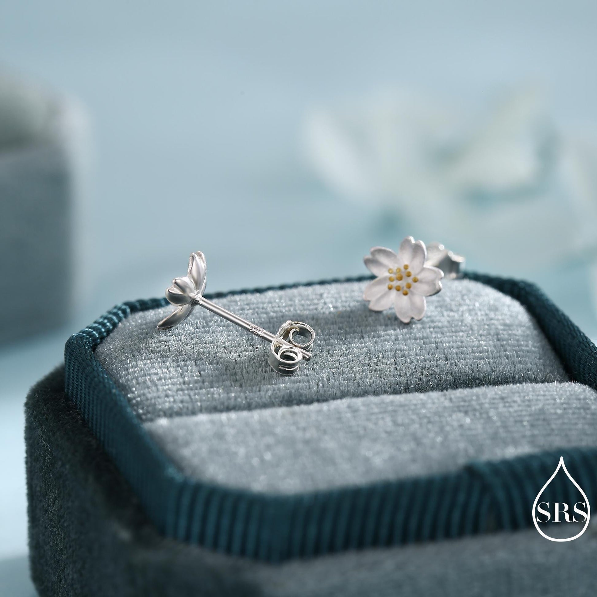 Sterling Silver Dainty Little Cherry Blossom Flower Floral Stud Earrings, Textured Finish, Cute and Sweet Design, 18ct Gold Plate