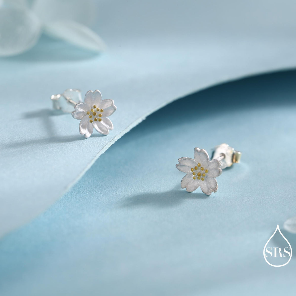 Sterling Silver Dainty Little Cherry Blossom Flower Floral Stud Earrings, Sand Blasted Textured Finish, Cute and Sweet Design